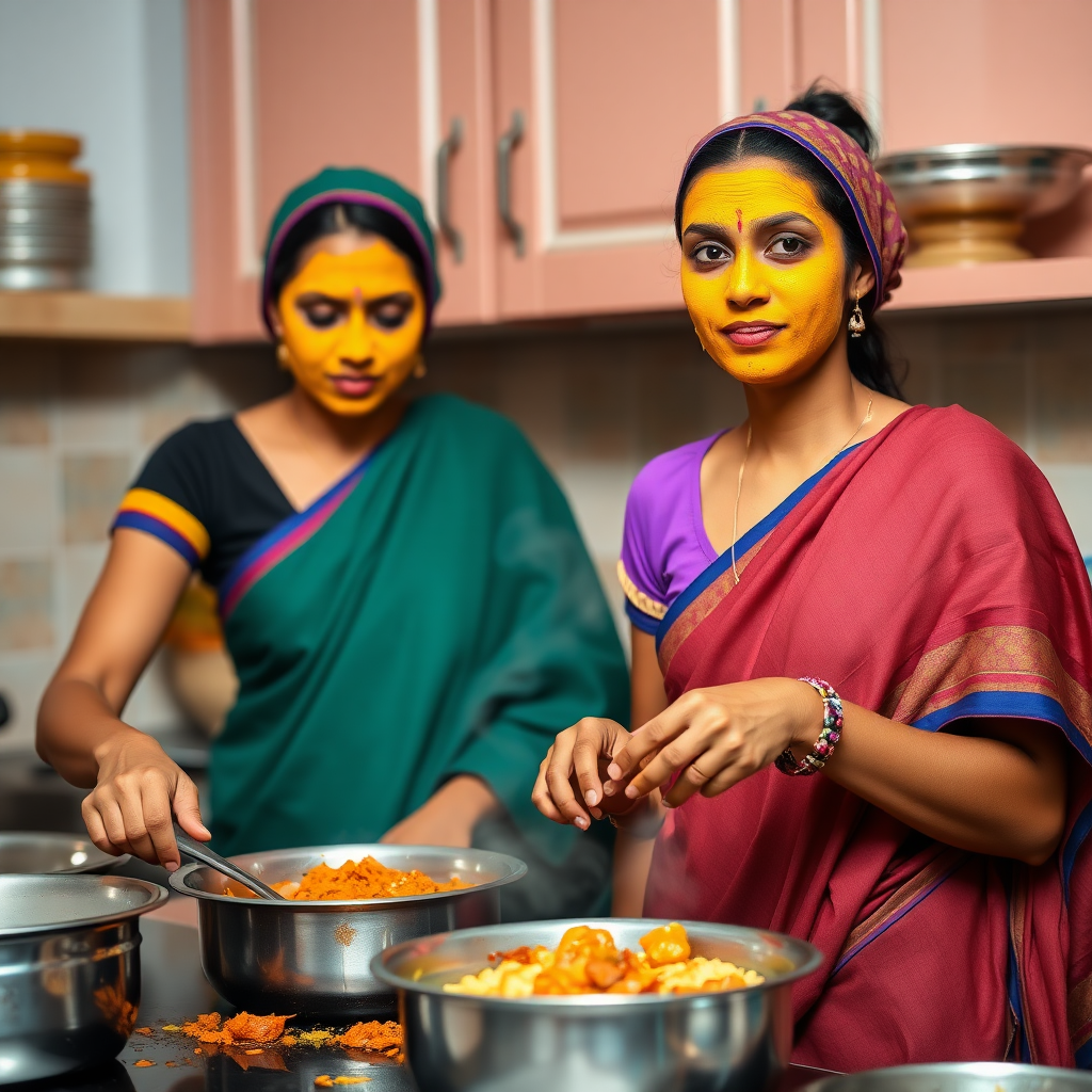 2 slim, 30-year-old Indian maids. They are cooking food in the kitchen. Their face is covered with a turmeric face mask.