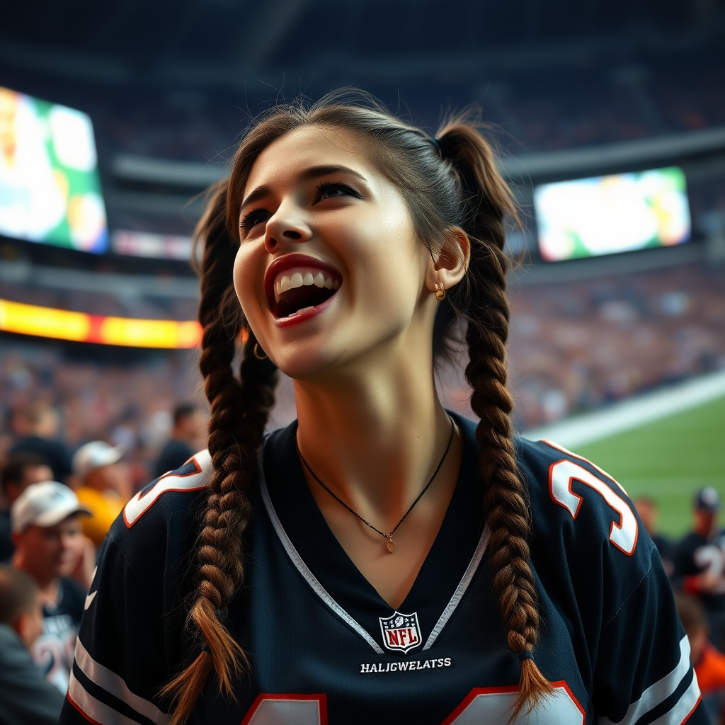 Attractive female NFL fan, pigtail hair, jersey, big chest, reacting to intense moment, inside crowded NFL stadium