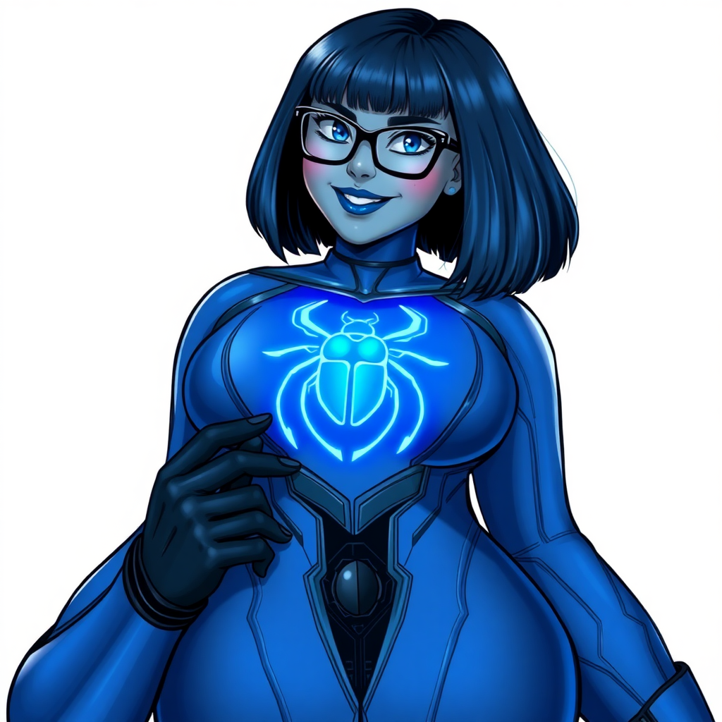 A 28-year-old, full-figured, middle gray metal skinned computer program-human hybrid with a maximum blue bob cut. She is the digital sidekick, computer hacker, and nerdy girlfriend of her cyberpunk vigilante boyfriend. Her middle gray metallic skin, distinct from any other character, highlights her digital nature. She wears maximum blue lipstick and has bright blue eyes. Her outfit includes an oversized digital maximum blue bodysuit (accentuating her non-athletic figure) with a neon blue glowing chest icon of a beetle and black gloves. Black eyeglasses accentuate her nerdiness, and she has a lovestruck smile with neon red blush. Her non-athletic full figure consists of a prominent, gargantuan, round midsection (with the full emphasis on her gargantuan belly), gigantic limbs (with no muscle mass), and broad shoulders, reflects the doting care of her vigilante boyfriend. The background is solid white. She is drawn as if she was in a retro 2D cyberpunk fighting game. Ensure her bodysuit covers all her bare skin (especially her round gargantuan belly). Her oversized bodysuit is influenced by DC's superheroine Jennifer Knight Phantom Lady but remains distinct.