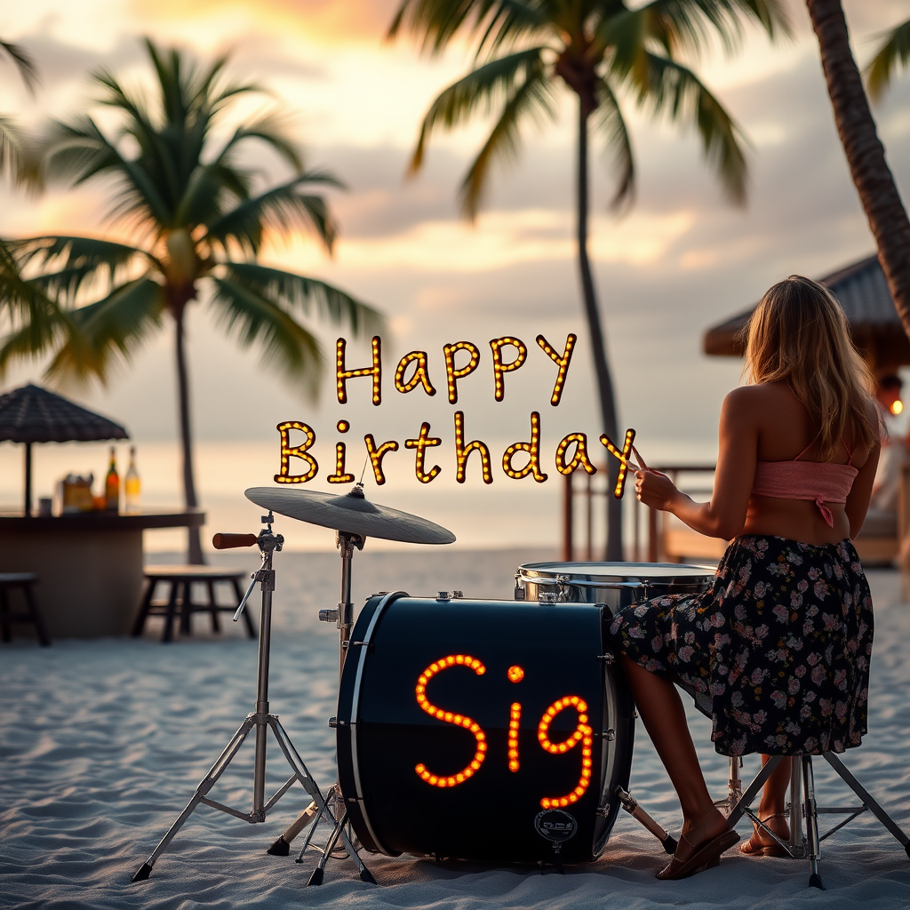 Lady sitting on Drumset on beach with Palms and bar, bassdrum spelling the words "Happy Birthday Sigi"