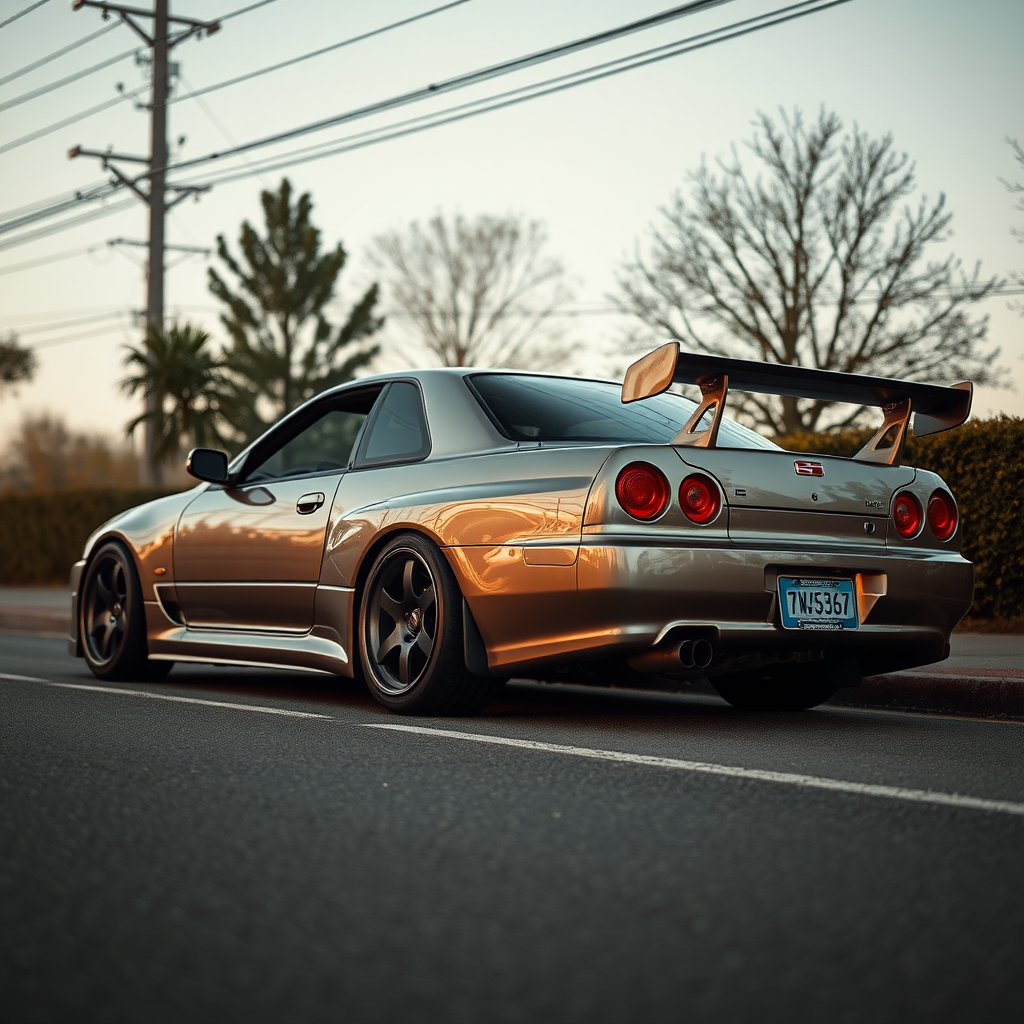 the car is parked on the side of the road, inspired by Taiyō Matsumoto, tumblr, restomod, nd4, c4 metallic shine nissan skyline r34