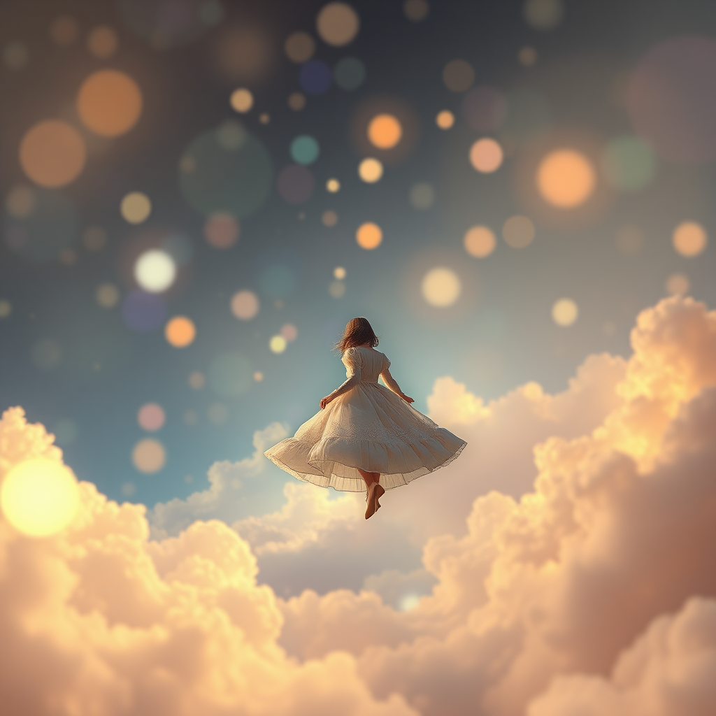 mandelbulb clouds, Low Key Lighting, dreamscape, nebula, Bokeh, abstract, brilliant colors, glittering, translucent, iridescent, glowing, artistic photo, panoramic, airy, original, experimental, fractal, generative art, calm, cinematic shot, opal, gold, preteen girl floating in a distance, in Victorian dress