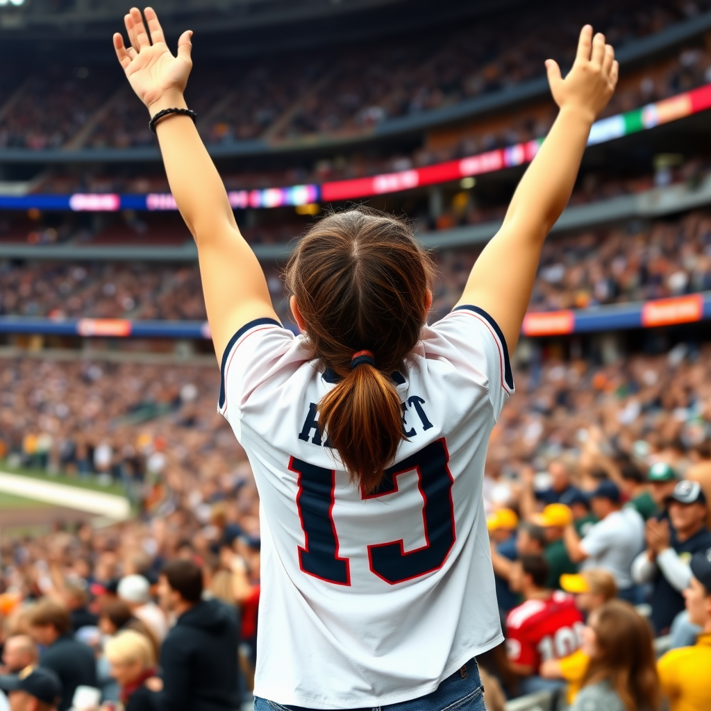 Attractive female NFL fan, pigtail hair, arms raised, cheer, jumping in the bleachers, crowded, NFL stadium