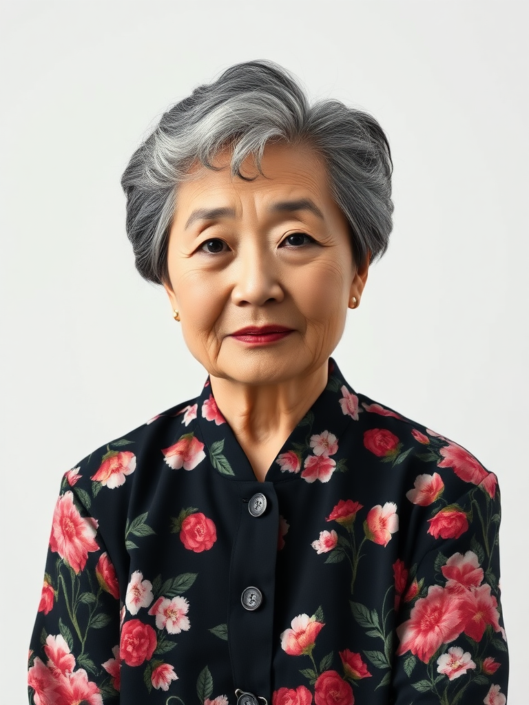 80 age old korean woman, front, flower shirt, photo studio background, Short permed hair, black and white hair