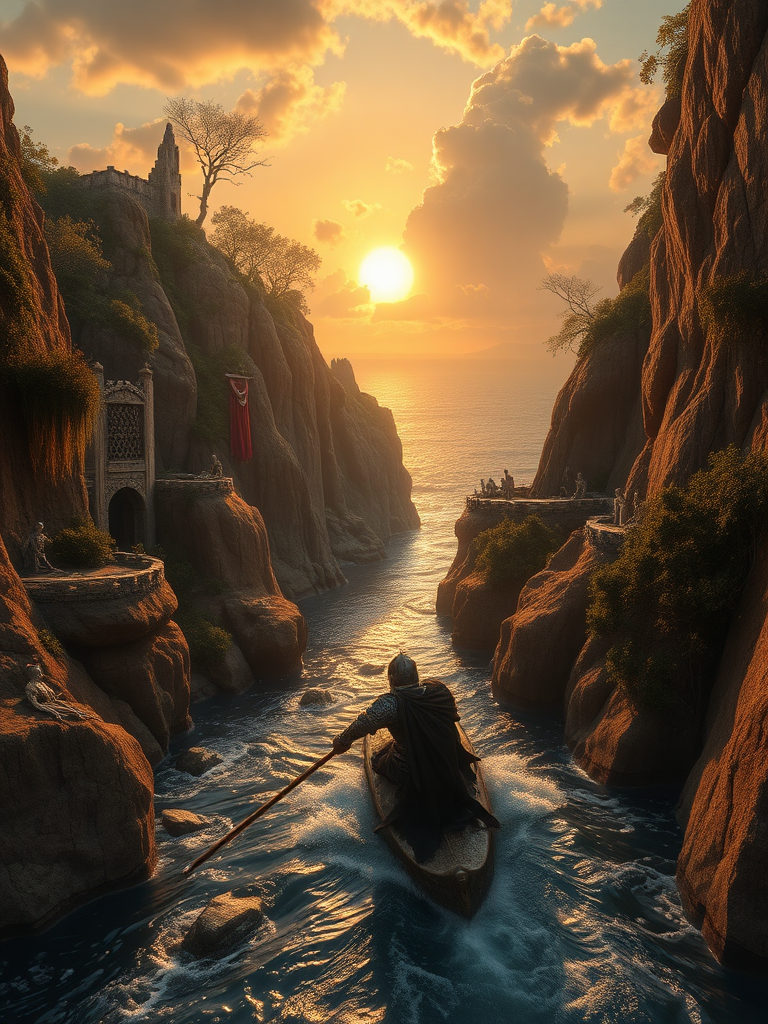 an epic cinematic low camera angle movie matte painting of a wounded knight navigating a precarious river surrounded by imposing cliffs with interesting rock formations and embedded ruins, foliage, trees, hanging vines and sporadic dead skeletons and armor from dead warriors from a long ago battle, in the cliffs reveal background the ocean in a sunset with a big sun and dramatic clouds