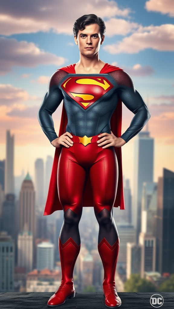 Create a full-length image of Superman using the female body structure of Elastigirl while retaining the original head, hairstyle, and facial features. Maintain Superman's iconic costume, adding unique embellishments to fit the new proportions. The background should blend elements inspired by both characters, featuring a city skyline with a vibrant and whimsical atmosphere. Capture the essence of strength and heroism, merging Superman's iconic traits with Elastigirl's dynamic style.