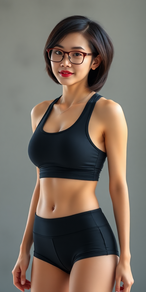 High-definition image quality, a Chinese woman, short hair, wearing glasses, A cup, full thighs, full hips, fitness tank top, black hair, full body shot.