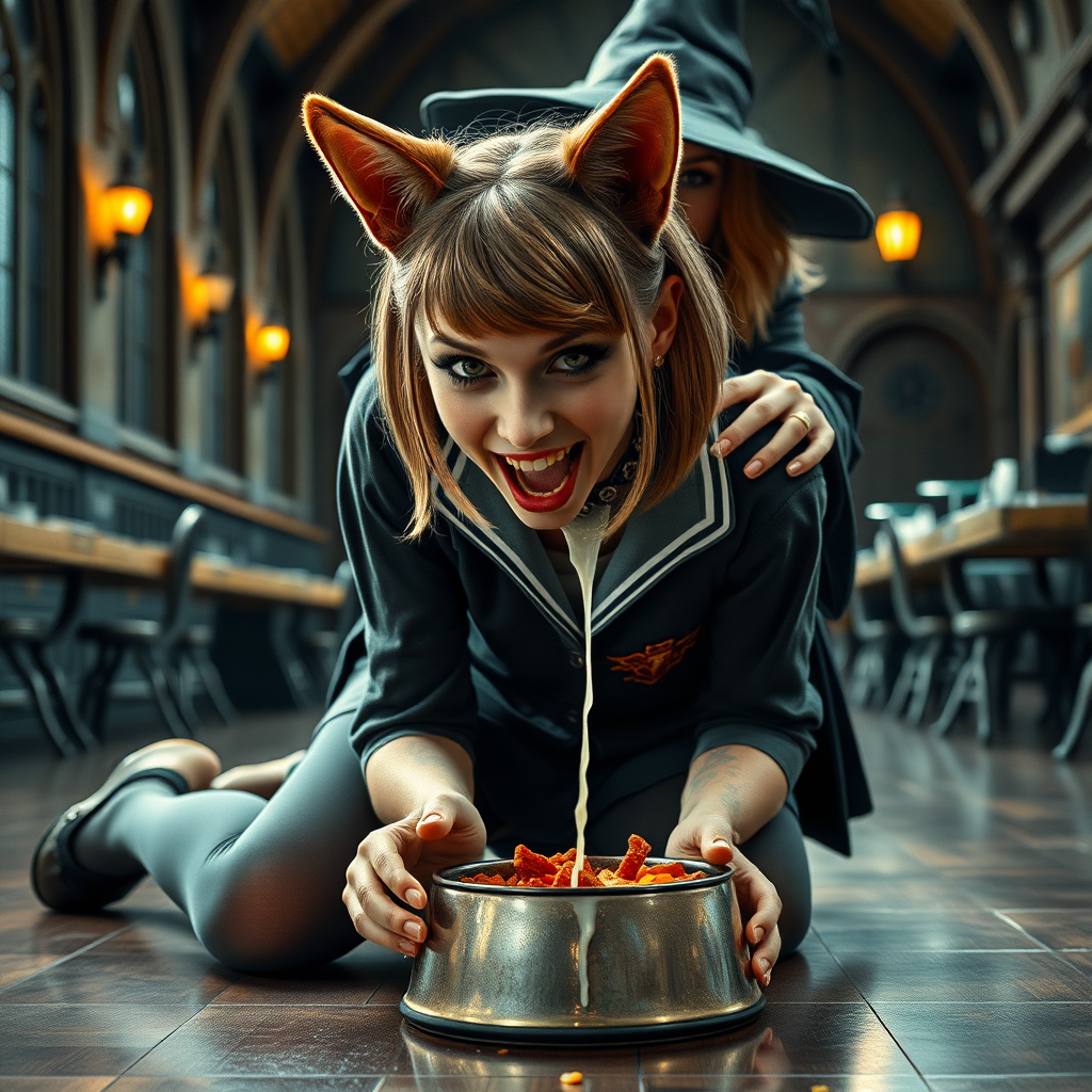 photorealistic, ultra high resolution, 16K, surreal fantasy, studio lighting, a wicked witch at Hogwarts School has cast a spell on Tyler Swift, who is a pretty 18 year old dog-boy, slim male physique with dog ears and bushy tail, shoulder length brown hair, goth makeup, earrings, spikey dog collar, dressed as a Hogwarts Slytherin girl - glossy grey pantyhose, school uniform, Mary-Jane shoes, kneeling on all fours the floor face down eating food from a dog bowl on the student dining hall at Hogwarts School, excited smile, licking the bowl, and white fluid dripping from his mouth from his open mouth, canine teeth. The witch is standing behind Tyler and is resting her arms on his shoulders. full body view, facing the camera.