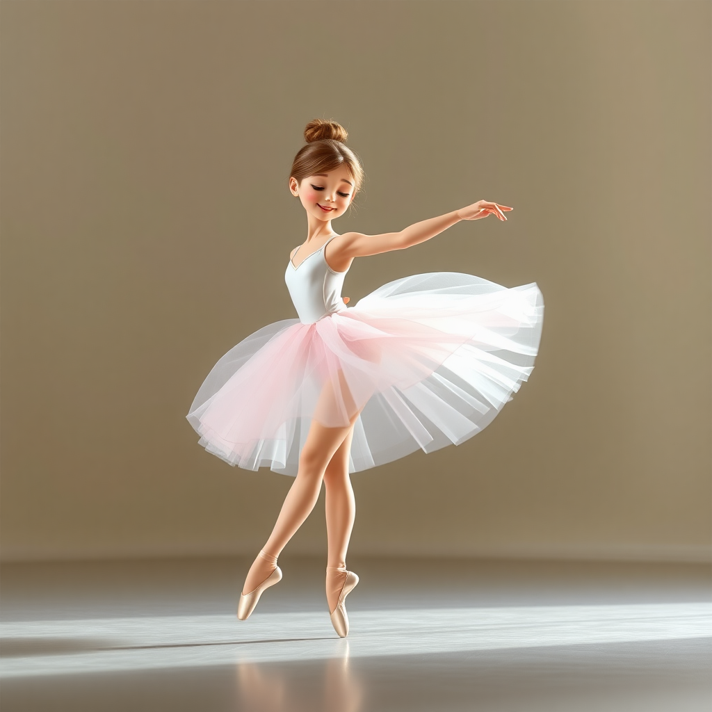 Create an animation of a young ballerina, inspired by the provided image. The ballerina should perform a graceful ballet routine, showcasing elegant movements like spins, twirls, and arabesques. Her soft pastel tutu should flow gently as she dances, with light reflecting off the fabric, creating a delicate, ethereal atmosphere. The background should remain minimal, keeping the focus on the dancer's expressive motion, mimicking the serene and calm nature of a classical ballet performance.