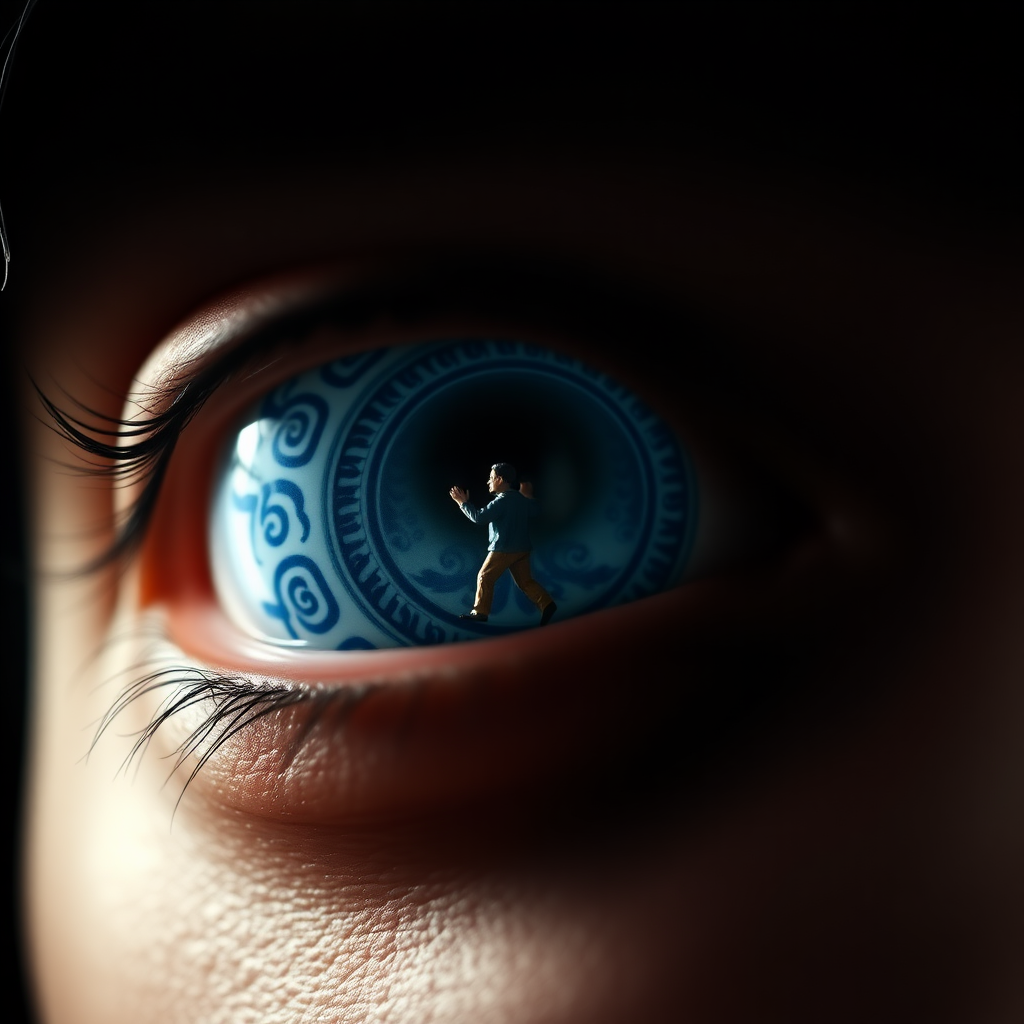 A close-up of eyes with lenses, the eye lens with traditional blue and white design, Chinese blue white design with a miniature man trying to jump inside the lens looking like well. The composition emphasizes the eyes and its design, dark backdrop, with focused lights, looking up.