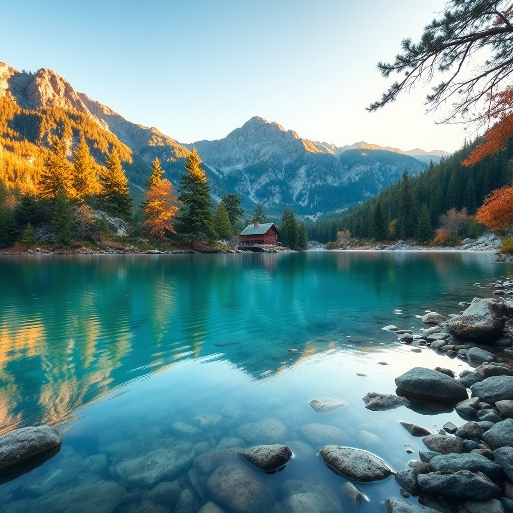 A serene lakeside scene in a mountainous landscape, showcasing a clear, tranquil water body reflecting the surrounding hills and trees. The water has a captivating turquoise hue, with visible rocks and pebbles beneath the surface. On the banks, several evergreen trees with warm, autumnal foliage extend over the water, creating gentle ripples. The background features rugged mountains with a mix of green forests and rocky cliffs, enhancing the natural beauty. A rustic building peeks through the trees, hinting at human activity, while soft sunlight casts a golden glow, evoking a peaceful, hyperrealistic atmosphere. The overall color palette includes cool blues, warm browns, and hints of green, creating a calming aesthetic.