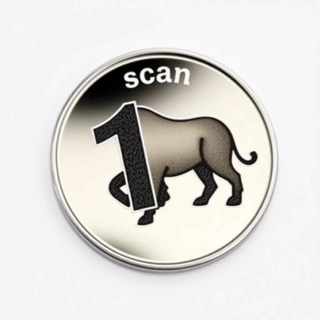 A coin with the engraving "1 scan" and an engraved mammo silhouette  
In the style of a comic icon in black ink only on a white background