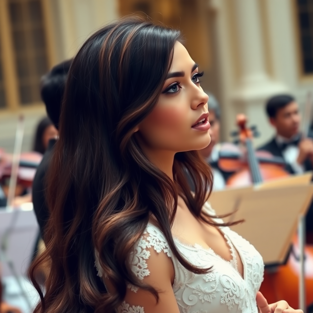 a young woman singing with an orchestra in background. long brunette hair with highlights, bright blue eyes. suntanned skin. small lips colored pale rose. looking to the side. wearing an elegant long white dress with transparent lace and white pumps. photo from some distance.