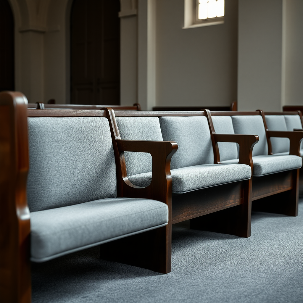 in a church benches in grey fabric and dark wood frame