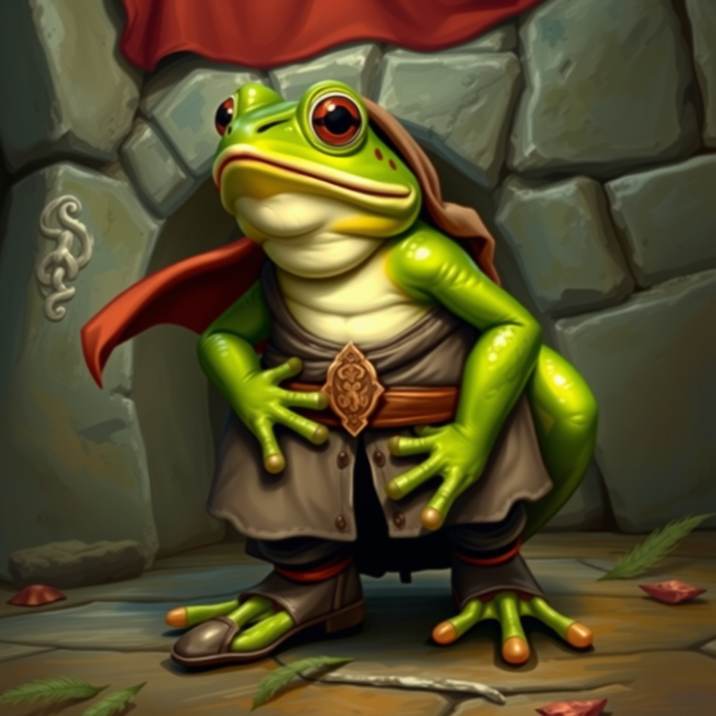 Anthropomorphic frog in a medieval setting and clothing and shoes