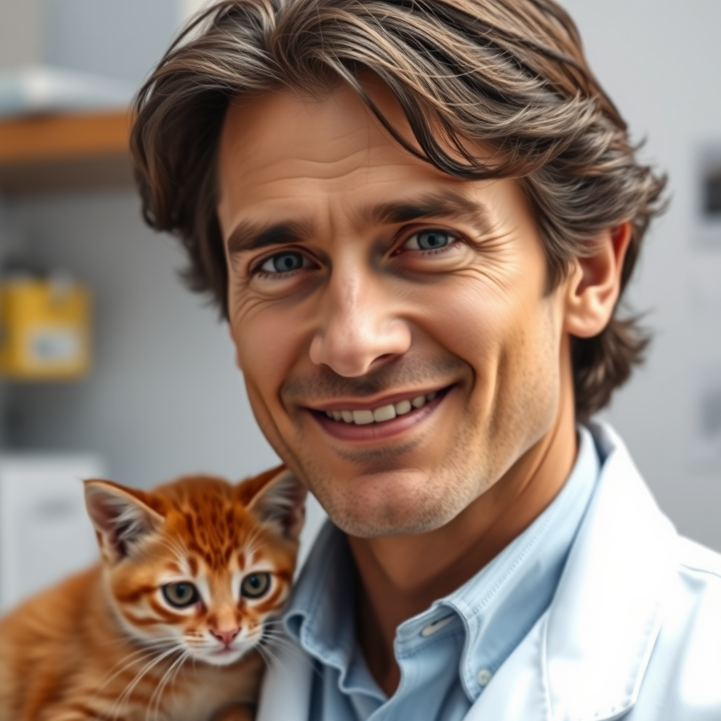 a 57yo handsome swiss doctor, very reliable look,on his studio,nice smile,really professional look,extremely photorealistic image, no rings. there is a red kitten on the doctor's shoulder,8k,extremely realistic,insanely photorealistic image,the theeth are stunningly clean,the cat also is extremely photorealistic