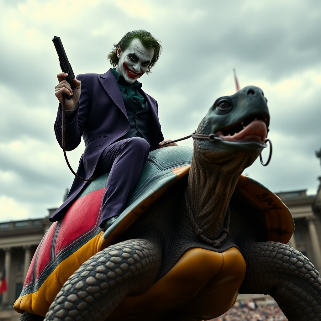 A photorealistic image of the Joker, wearing a dark purple suit with a black shirt, riding on the back of a large turtle. The turtle has a bridle in its mouth, and Joker is holding the reins in his right hand. In his left hand, he is holding a pistol. The upper part of the turtle's shell is painted in the bright colors of the German flag (black, red, and yellow). In the background, the German Bundestag building is visible, under a cloudy, moody sky.