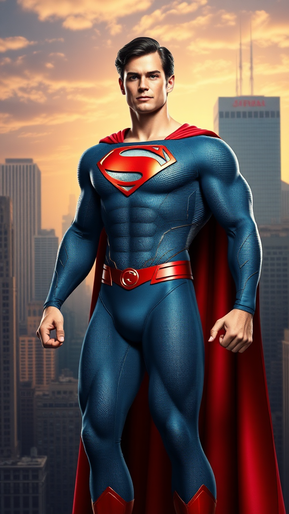 Create a full-length photorealistic image of Superman, featuring the musculature of Elastigirl, while preserving his head, hairstyle, and facial features intact. Retain the original Superman costume, enhancing it with embellishments that accommodate the new proportions. Design a background inspired by both characters, blending elements of Superman's iconic cityscape with the vibrant, playful aesthetic of Elastigirl's world. The overall scene should showcase a dynamic pose that emphasizes strength and flexibility, capturing the essence of both superheroes in a cohesive and imaginative setting.