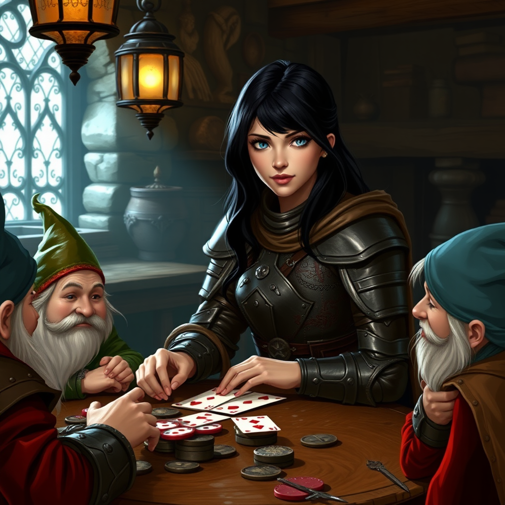 beautiful young woman, dark hair past her shoulders, blue eyes, small, slim figure, wearing full leather armor suit, long cloak, playing cards around a table with dwarfs in a medieval tavern.