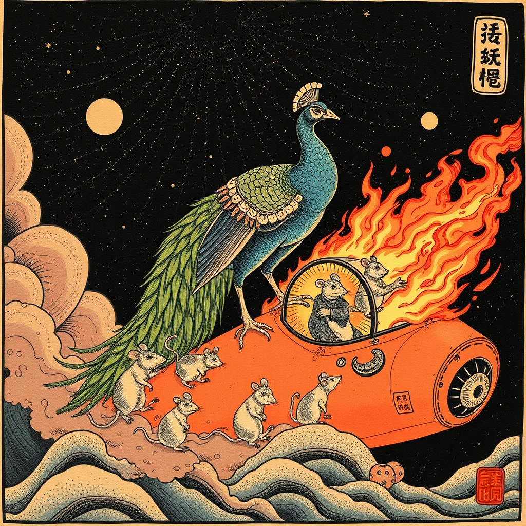 A peacock saving rats from a burning spaceship, Chinese woodcut, Catholic