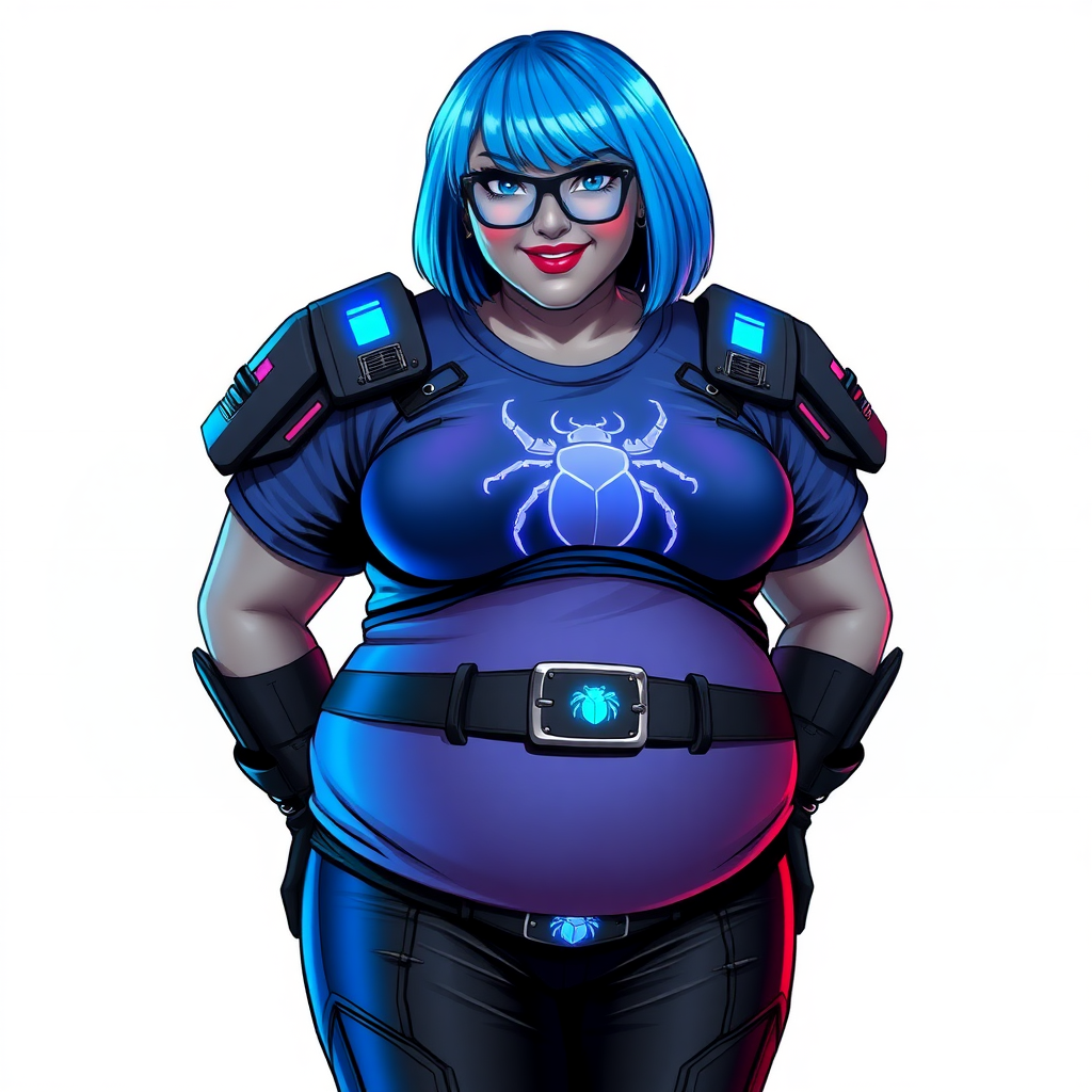 A 28-year-old, full-figured, middle gray skinned computer program hybrid with a maximum blue bob cut. She has a non-athletic build, highlighted by a prominent, round, large midsection (with heavy emphasis on her belly). As a digital sidekick, computer hacker, and nerdy girlfriend to her cyberpunk vigilante boyfriend, her middle gray metallic skin and maximum blue lipstick emphasize her digital nature. She wears a digital, computerized costume consisting of a gargantuan, tight-fitting, maximum blue t-shirt with a neon blue beetle chest icon, hi-tech shoulder pads with neon blue accents, a black belt with a digital neon blue glowing beetle buckle, black biker pants with neon blue glowing accents, and black hi-tech gloves with neon blue glowing accents. Her bright blue eyes, black eyeglasses, and lovestruck smile with neon red blush accentuate her nerdiness. She stands bashfully with her hands behind her back, her costume covering all her skin and emphasizing her full-figured physique (especially her belly). She is clearly non-athletic, with a focus on her full-figured physique. Despite her build, she radiates beauty. She is on a solid white background. She is drawn as if she was in a retro 2D cyberpunk fighting game.