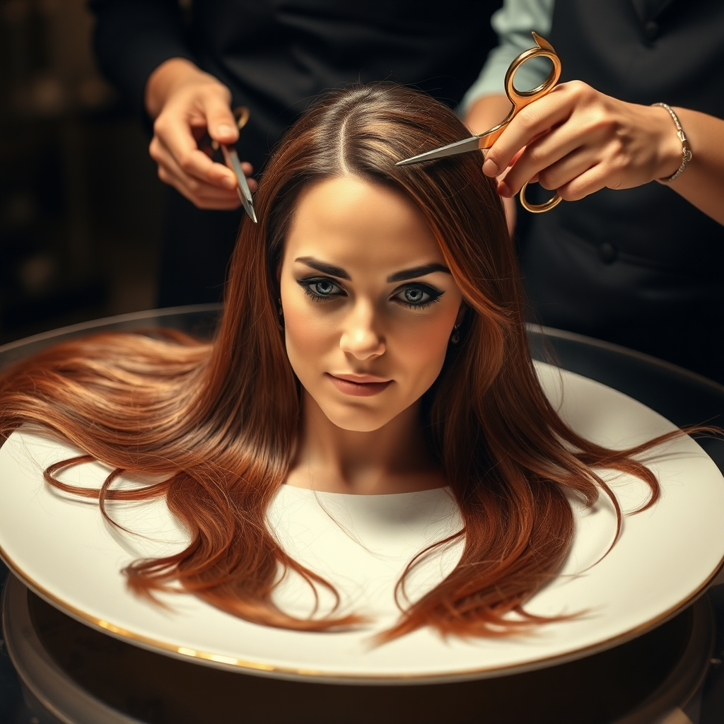 In a bizarre, surreal tableau, the polished surface of an elegant dining plate cradles the disembodied head of a strikingly beautiful Kate Middleton, her long, flowing hair cascading like a glossy waterfall of deep chestnut and honey highlights. The hair is luxuriously arranged, strands shimmering under the soft, ambient light that bathes the scene in an ethereal glow.

A skilled hairdresser, clad in a sleek black apron, stands poised with a pair of gleaming scissors, carefully trimming the endlessly luxurious locks that frame Kate's serene, almost ethereal features. The air is thick with the scent of salon products mingling with delicate hints of floral fragrances, creating an unusual yet strangely inviting atmosphere. The hairdresser's focused expression reveals a meticulous dedication as snippets of hair fall gracefully onto the pristine plate, echoing a sense of both artistry and absurdity.

The overall emotional tone conveys a dreamlike quality, inviting viewers to ponder the juxtaposition of beauty, identity, and the bizarre circumstances that bind them in this extraordinary moment.