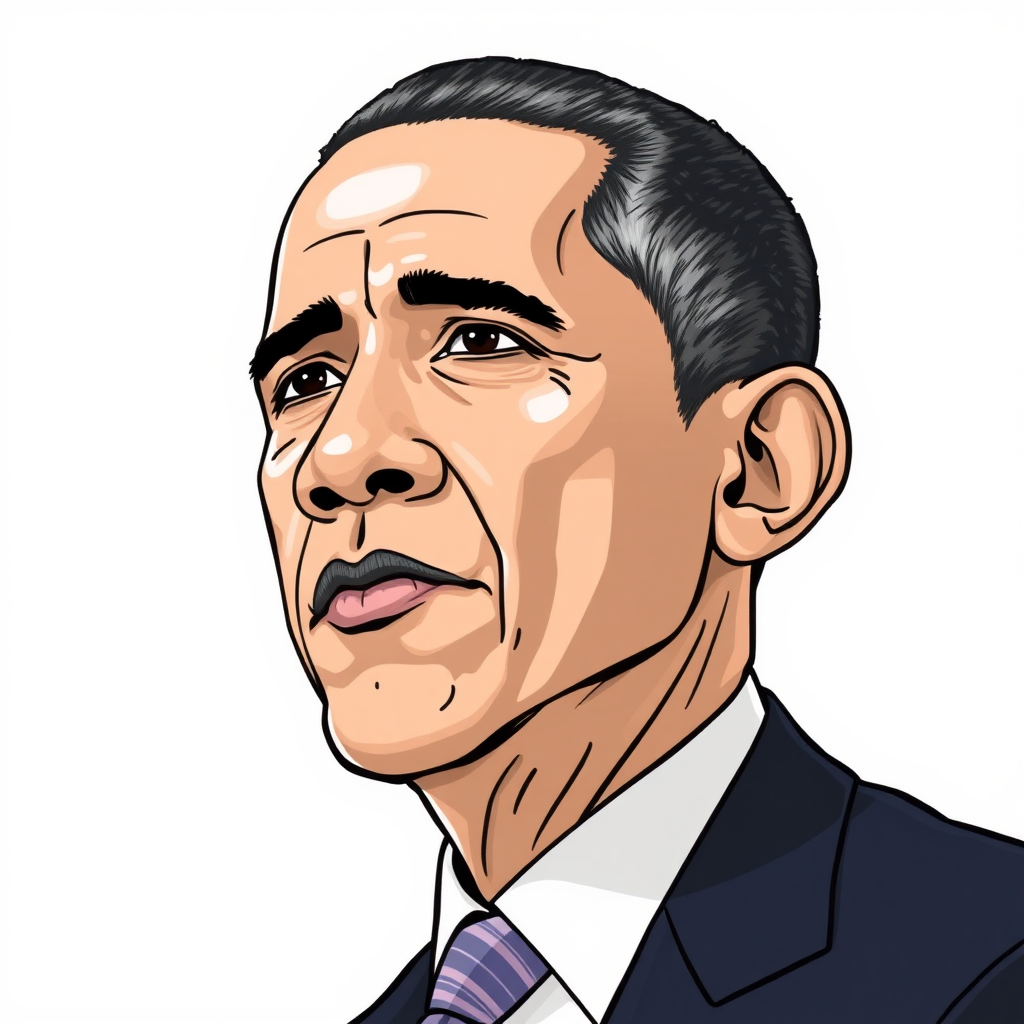 Create a detailed line color pencil illustration of President Obama in a somewhat cartoony style.