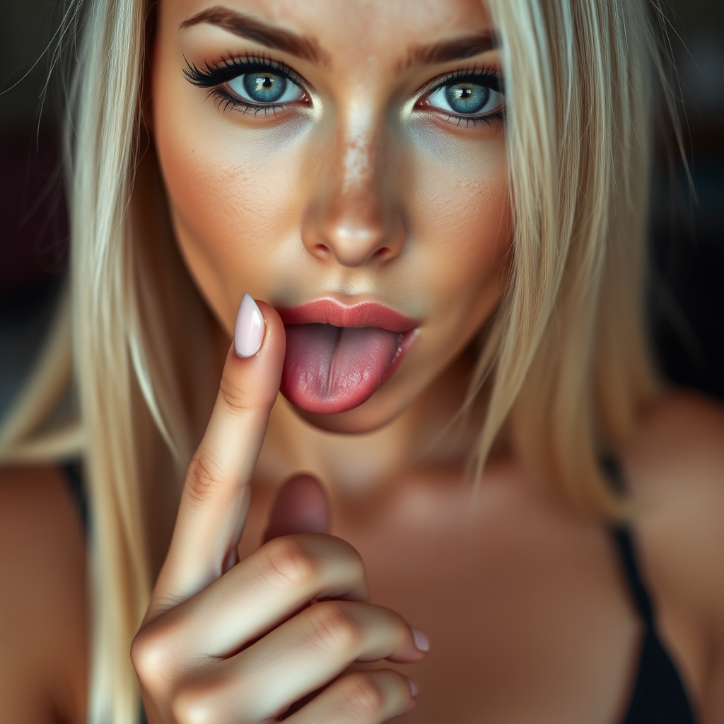 a young woman is holding her finger to her lips, looking at viewer, blue eyes, blonde hair, solo focus, blurry, lips, eyelashes, blurry background, close-up, realistic. bleached blonde, black eyeliner, very large eyes, tanned skin. Very long straight hair. cleavage. Exaggerated long eyelashes. very huge breast, black bra. tanned skin. licking her finger, tongue on her finger.