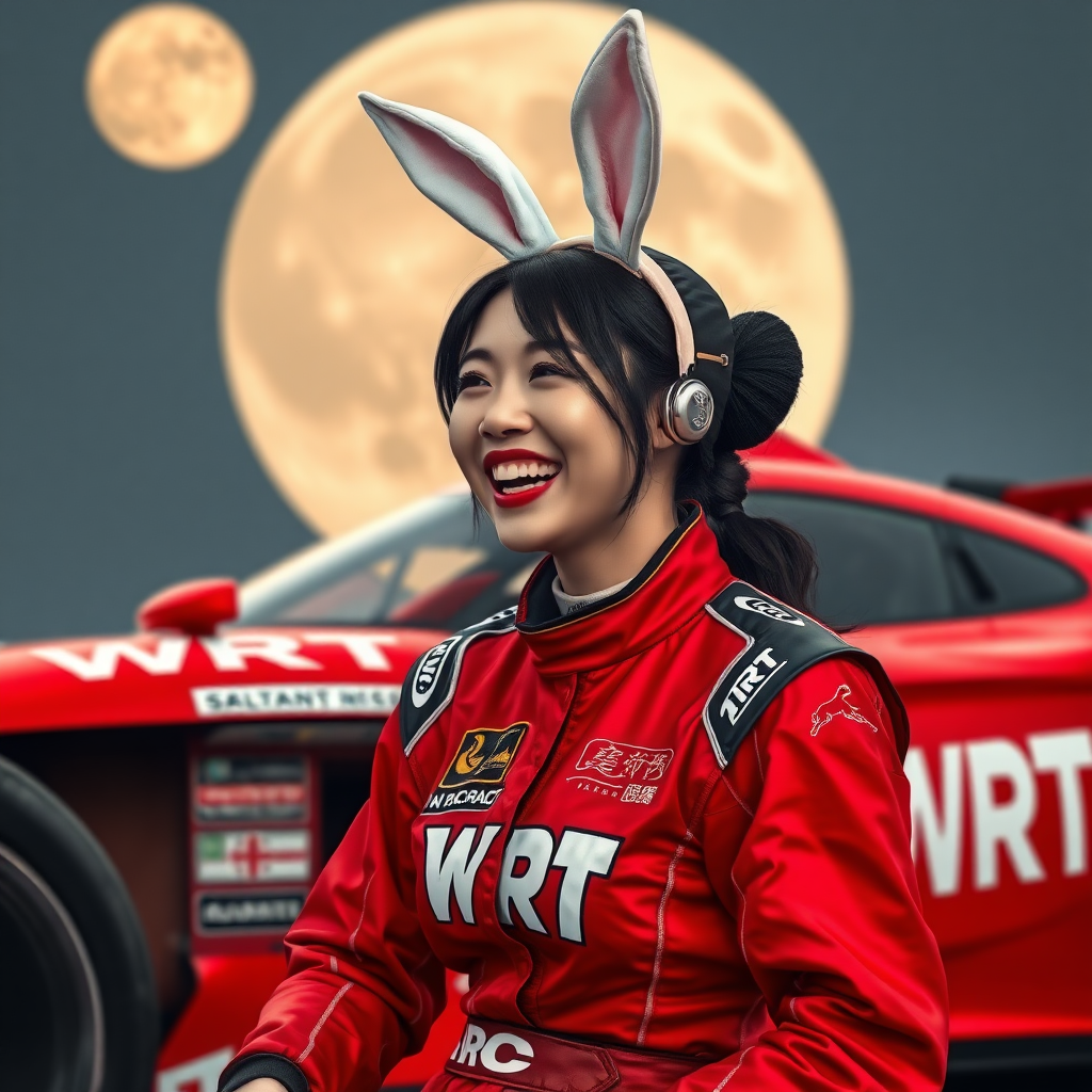 A red racing car with "WRT" written on it, a Chinese beauty racer wearing rabbit ears and laughing, the logos on the racing suit are all "WRT," and the background features a giant moon.