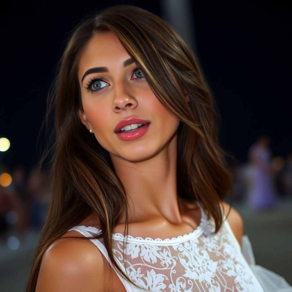 a young woman singing. long brunette hair with highlights, bright blue eyes. suntanned skin. small lips colored pale rose. looking to the side. wearing an elegant long white dress with transparent lace. view from far. night sky in background. photo