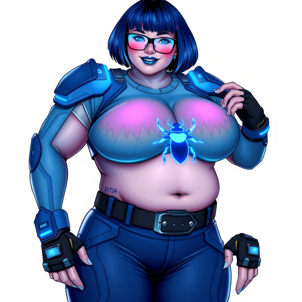 A 28-year-old, full-figured, metallic maximum blue (5PB 5/10) skinned computer program hybrid with a maximum blue bob cut. She has a non-athletic build, highlighted by a prominent, round, large midsection (with heavy emphasis on her round large belly), which shows the effects of her love of junk food acquired from her boyfriend. As the full-figured, nerdy, digital sidekick to her cyberpunk vigilante boyfriend, her metallic maximum blue skin and maximum blue lipstick (5PB 5/12) emphasize her digital nature. Her skin has a subtle, animated glow, with digital patterns occasionally flickering across it, making her digital nature obvious. She wears a digital, computerized costume, consisting of a massive, tight-fitting, maximum blue biker shirt (5PB 5/12) made out of advanced nanotech with a neon blue glowing chest icon of a beetle, hi-tech shoulder pads with neon blue accents, a black hi-tech belt with a digital neon blue glowing buckle, digital maximum blue biker pants (5PB 5/12) with neon blue accents, and black hi-tech fingerless biker gloves with neon blue glowing accents. Her neon blue glowing eyes, black eyeglasses with neon blue glowing lenses equipped with a built-in HUD, and bashful smile with neon red blush accentuate her nerdiness. She stands bashfully with one hand behind her back and the other hand gently touching her cheek, her costume covering all her skin and emphasizing her full figure (especially her round large belly). She is clearly non-athletic, with a focus on her full-figured physique. Despite her build, she radiates beauty. She has a slim face compared to her physique, accentuating her radiant beauty. She is on a solid white background. She is drawn as if she were in a retro 2D cyberpunk fighting game.