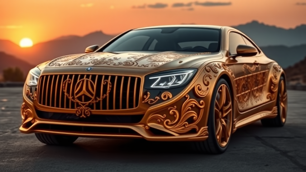 futuristic maybach sedan ,A luxurious, gold-plated car adorned with intricate, ornate designs and carvings. The vehicle features prominent headlights and a distinctive front grille, showcasing a fusion of elegance and extravagance. Set against a backdrop of mountains and a sunset, the scene conveys a sense of grandeur and sophistication.