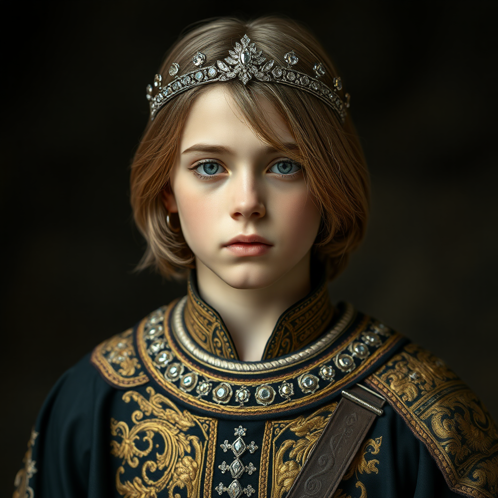 16yo teen boy prince, long bob cut, embroidered with gold and diamonds medieval cloths, diamond diadem. And Beautiful Warfare, free style by FLUX photorealistic, ultra high resolution, 16K,