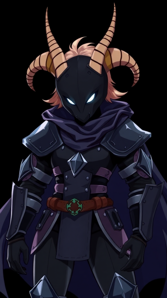 (Anime-pixel style art) Black background, a fierce and violent knight stands poised for battle. She wears sleek, black knight armor, marked by a small white eye symbol at its center, exuding an air of intimidation. Her face is obscured by a terrifying goat-like mask, with a single glowing white eye on the right, and another white eye symbol perched at the top of the mask, adding to her menacing presence.

The knight's imposing silhouette is accentuated by two large, dark-silver shoulder guards that gleam ominously in the darkness. Draped behind her is a flowing dark-blue cape that billows dramatically, hinting at her formidable power. Atop her head, two impressive antlers rise, further enhancing her fearsome appearance, while her short, tousled blonde hair peeks out from beneath the mask.

This is the Roaring Knight, known as Mayor Holiday from Deltarune, captured in a striking full-body view that highlights both her ferocity and enigmatic allure.