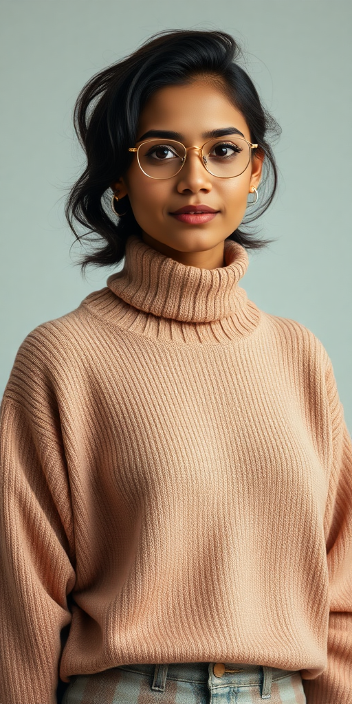 A fullbody photo of a nerdy 18 year old indian woman, wearing a baggy turtleneck sweater