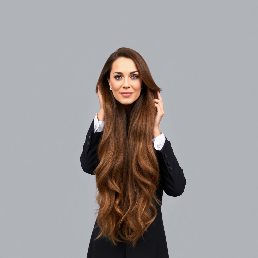 A surreal image of a magician holding up the disembodied head of a very long-haired Kate Middleton. He is grabbing her by her long hair and holding up her head high in the air to display it to the camera. Plain gray background.