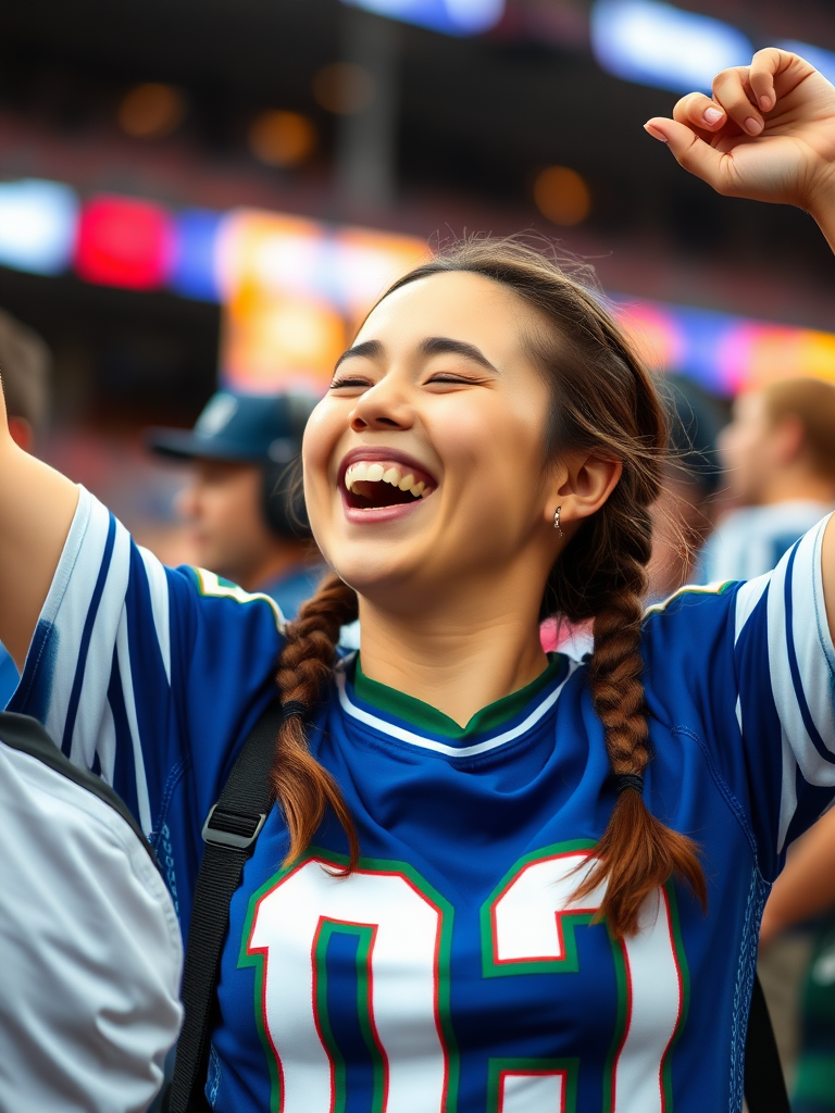 Attractive female NFL fan, pigtail hair, rejoicing, far shot