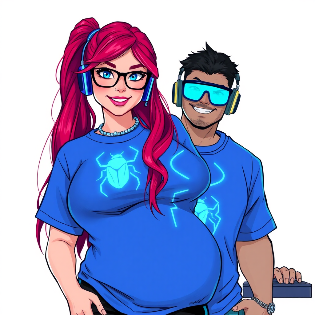 A cyberpunk vigilante’s full-figured intelligent and tech-savvy 29-year-old girlfriend, who is a computer hacker and tech genius. She has a long ruby red ponytail and bright blue eyes. She wears a sapphire beetle gemstone necklace, and an oversized maximum blue t-shirt featuring a giant neon blue glowing icon of a beetle on its chest. She has a full-figured physique with a prominently, gargantuan, well-rounded midsection, reflecting her well-cared-for lifestyle. She sports a sapphire headset with hi-tech maximum turquoise lensed HUD visor, black eyeglasses, and a beaming smile with a passionate bright red blush. Despite her figure and a lack of self-esteem, she radiates an air of beauty. She has a slim face which contributes to her radiant beauty. She serves as his tech expert from his hideout, diligently working at her lab table and computer desk. The background is solid white. She is drawn as if she was in a retro 2D cyberpunk fighting game.