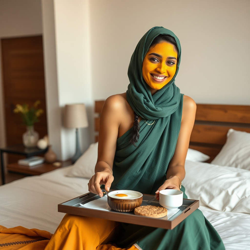 slim, 30 year old, sexy, indian wife, scarf head, turmeric face mask. She is smiling and serving breakfast on a tray on bedside table