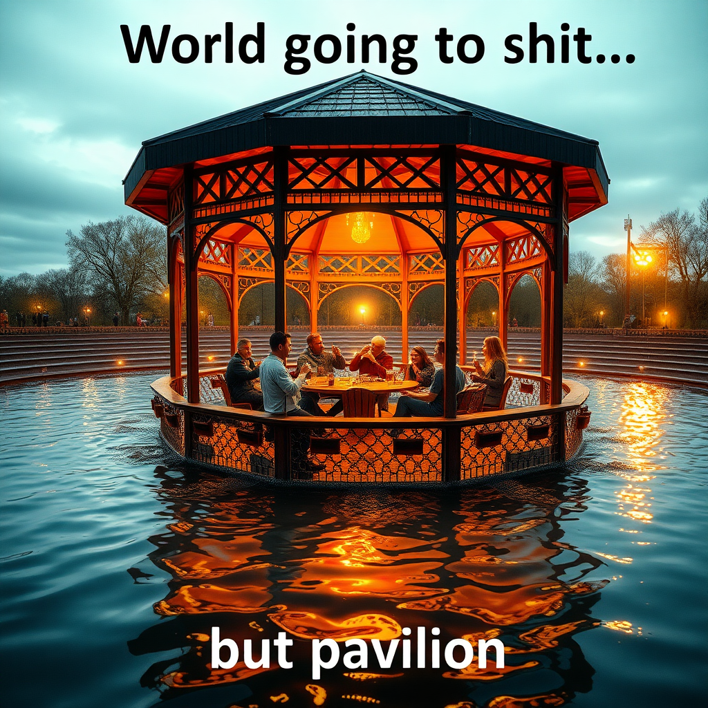 Create an image of a pavilion in a flooded environment and people comically partying on it drinking beer while the world is completely overflooded. Focus on the humorous contrast of the situation. Include the text "World going to shit" at the top and the bottom part should have the text "but pavilion". Make the image central part of the image with warm glowing colors. Make it so the people's expressions on their faces are visible.

The background scenery should be that of Aarhus Denmark, in the botanical gardens, amphitheater.