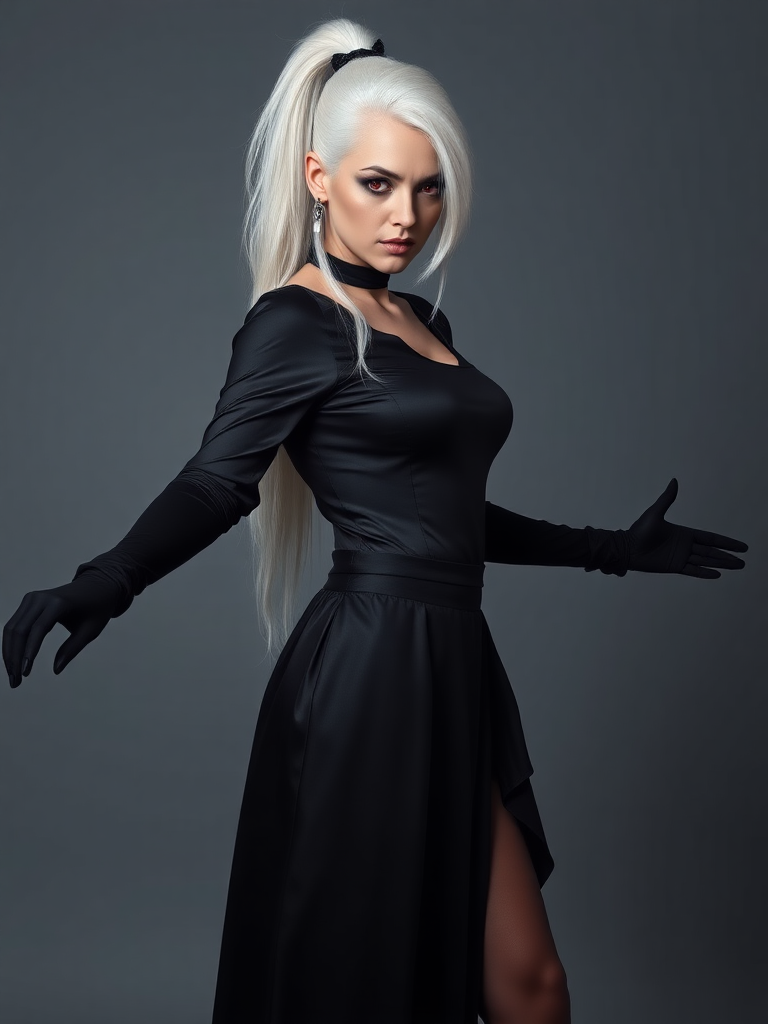 mature adult woman, skinny and tall, long legs, large shoulders, teardrop saggy small breast, long asymmetric undercut layered white hair, side swept bang, long white ponytail tied with a black lace, beautiful detailed face, piercing red eyes with intricate iris details, looking at the camera with a serious expression, wearing gothic style, black silk long sleeve top, black silk long skirt, black pantyhose, black gloves, black ankle boots, standing in a fierce pose with her head held high