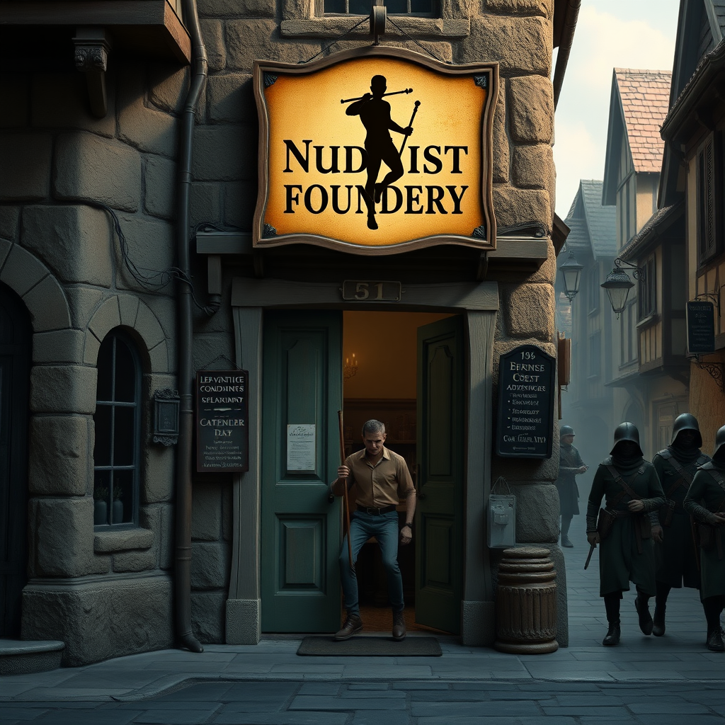 A city street in a fantasy village. Adventurer hastily leaving the door of a shop. Sign above the door says "Nudist Foundry" and there is a silhouette image of a man holding a very large pole from his waist on the sign. City guards walk by, photorealistic matte painting.