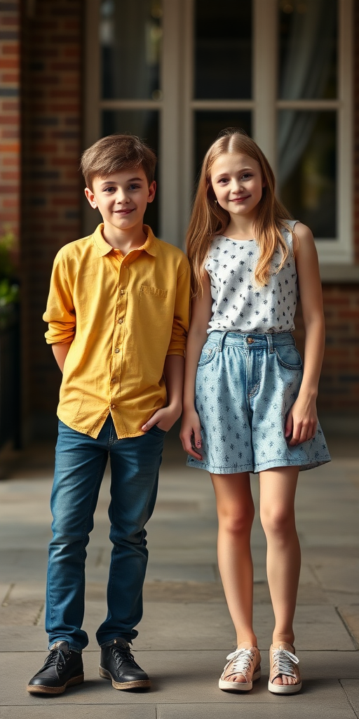 A realistic photo of a 14yo teen boy and girl. British. Long legs. Full length view.