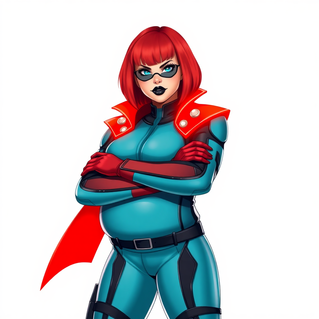 A 26-year-old heavy-set, magical girl vigilante detective with a bright red bob cut, black lipstick, and piercing bright blue eyes. She has a new non-athletic build, now highlighted by a prominent, round, enormous midsection (with heavy emphasis on her belly), which shows the aftermath of her vigilante big brother figure's pampering. Despite her new physique, she displays her usual confidence. She wears a high-tech, maximum turquoise biker suit, complemented by a glowing neon red cape and high-tech red gloves. Her stance is firm and resolute, arms crossed, exuding a no-nonsense attitude. Her costume reflects the influence of DC New 52 Prime Earth’s Phantom Lady, Jennifer Knight, while her pose embodies the moral ambiguity and determination reminiscent of DC’s Pax Americana’s The Question. She is on a solid white background. She is drawn as if she was in a retro 2D cyberpunk fighting game.