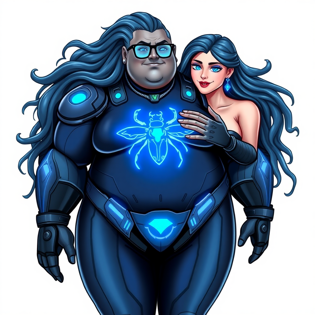 A 28-year-old full-figured computer science major, she is the devoted girlfriend of a vigilante and serves as his dotingly pampered, full-figured, nerdy digital sidekick. She has become a Computer Program hybrid, with a unique, metallic Middle Gray (N5) skin color that blends with her hair, appearing to merge together as computer data. Her neon blue eyes are mesmerizing. Her full figure, especially her prominent, round midsection, shows just how heavily fed and pampered she is, with sequoia-sized limbs and broad shoulders.

As a loyal and supportive sidekick, she plays a crucial role in their missions, using her digital prowess to assist and protect. She wears a blue sapphire scarab necklace and blue sapphire earrings, which she received as symbols of their love before his 5-year disappearance. Her digital Maximum Blue (RGB 71, 171, 204) bodysuit features a neon blue glowing beetle chest icon. She is equipped with high-tech features, including holographic displays and integrated hacking tools. She has matching high-tech gloves. She emits neon blue data cubes from her body, set against a solid white background.

Heavily, attentively, and immensely pampered through being well-fed since their reunion, her full figure clearly shows the extent of care she has received. Despite her digital enhancements, she retains her human vulnerabilities, including hunger and sleep, and is not immune to human weaknesses. She has the ability to hack into computers and machines, and her nerdiness is blatantly obvious with her black oversized eyeglasses. Her full figure, especially her gargantuan midsection, is prominently displayed and heavily emphasized. Her outfit, influenced by DC’s Jennifer Knight Phantom Lady, remains distinct.

Despite her boyfriend’s limited resources, she assists in the war on crime by serving as a minicomputer, traveling in a high-tech wristwatch and supercar’s computer system. Using her hacking abilities, she relays crucial knowledge related to missions. She has a beaming smile. She is drawn as if she was in a retro 2D cyberpunk fighting game. Their love for each other is evident.