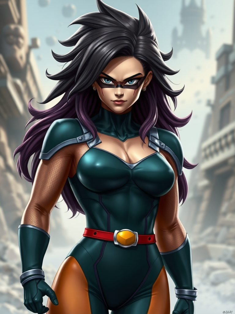 Create a hyper-realistic image featuring Marvel's Rogue with the body type of Vegeta from Dragon Ball. Maintain Rogue's original head, but adjust her anatomy to align with Vegeta's physique. Design a background that is a fitting blend of both Marvel and Dragon Ball universes, reflecting elements from each world for a cohesive and thematic setting.