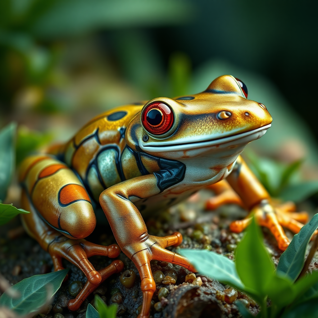 Render a full-length, highly detailed image of a frog transformed into a creature with a horsefly's body structure. The frog should feature a segmented body shape decorated with a shiny exoskeleton instead of traditional skin. Emphasize the vibrant colors and intricate textures of the exoskeleton while retaining distinct amphibian features, like large expressive eyes. The scene should capture it in its natural habitat, emulating the style of award-winning wildlife photography, with sharp contrasts, natural lighting, and exceptional detail, surrounded by lush vegetation that accentuates this unique hybrid creature.