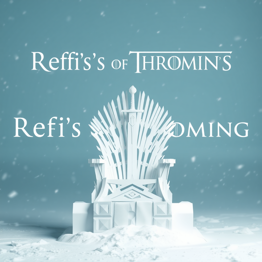 An epic movie scene depicting the game of thrones sword chair made out of white paper. The text in the background says “Refi’s are coming.” It should be similar in style to “winter is coming” vibes as shown in the movie. Epic blizzard storm. Photorealistic.