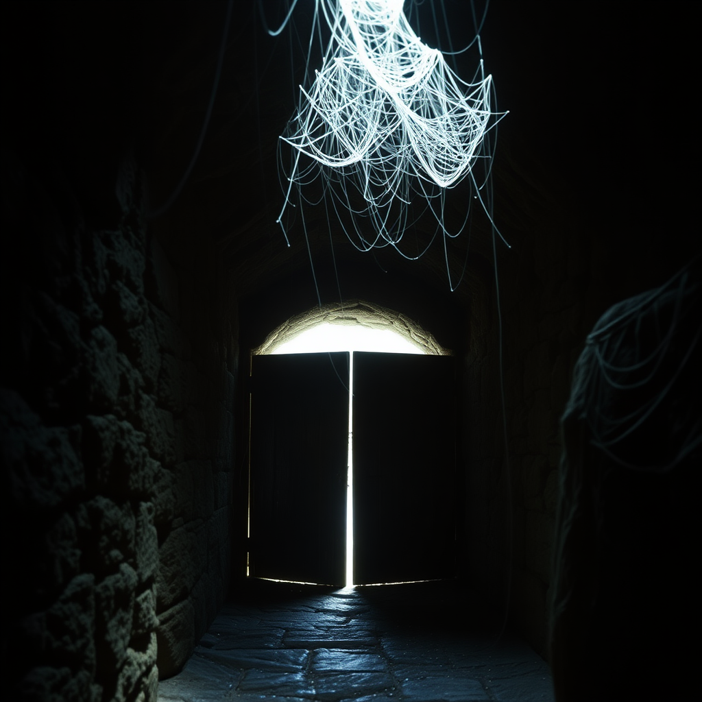 highly detailed realistic 35mm fantasy movie still photograph of The corridor is of plain stone, roughly worked, and it is dark and full of cobwebs. The roof 20' overhead is obscured by these hanging strands, so casual observation will not reveal that it is composed of badly fitting stones. Daylight will be sufficient to reveal that there is a pair of oaken doors at the end of the passageway. If the roof is prodded with any force, or if the doors are opened, the roof of the tunnel will collapse and inflict damage upon each adventurer inside of it. The doors open outwards by great iron ring pulls. The cobwebs must be burned away to be able to inspect the tunnel ceiling,