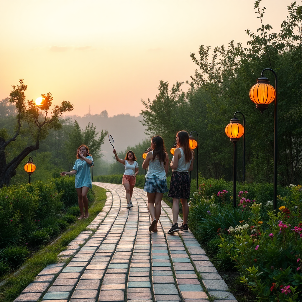 High summer. It is a hot summer evening. Three young, pretty Asian women are playing jump rope. Two other young, sexy Asian women are playing badminton. Two more young Asian women are chatting by the roadside. A roughly 500-meter long, winding, and 2-meter wide bike and pedestrian path lies at the edge of the forest, overgrown for about 50 meters with young trees, featuring brightly colored and differently sized paving stones. On either side of this path, approximately every three meters, there are 1-meter-high lanterns that, styled after the 1950s, illuminate the path in a strikingly colorful way. Small colorful herbs and wildflowers bloom on either side of the path. It begins to get dusky. A part of the sky is visible. Like in a fantasy image, a few veil-like clouds are seen, colored in pastel tones by the late evening sun. The scene is bathed in warm yellow light. The atmosphere is mystical and surreal. In the background, a haze has formed. In the bushes, very small mythical creatures can be discerned.